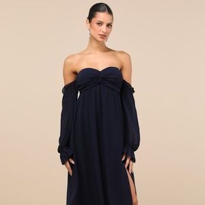 Lulus Glorious Invite Navy Blue Knotted Off-the-shoulder Maxi Dress - Size L